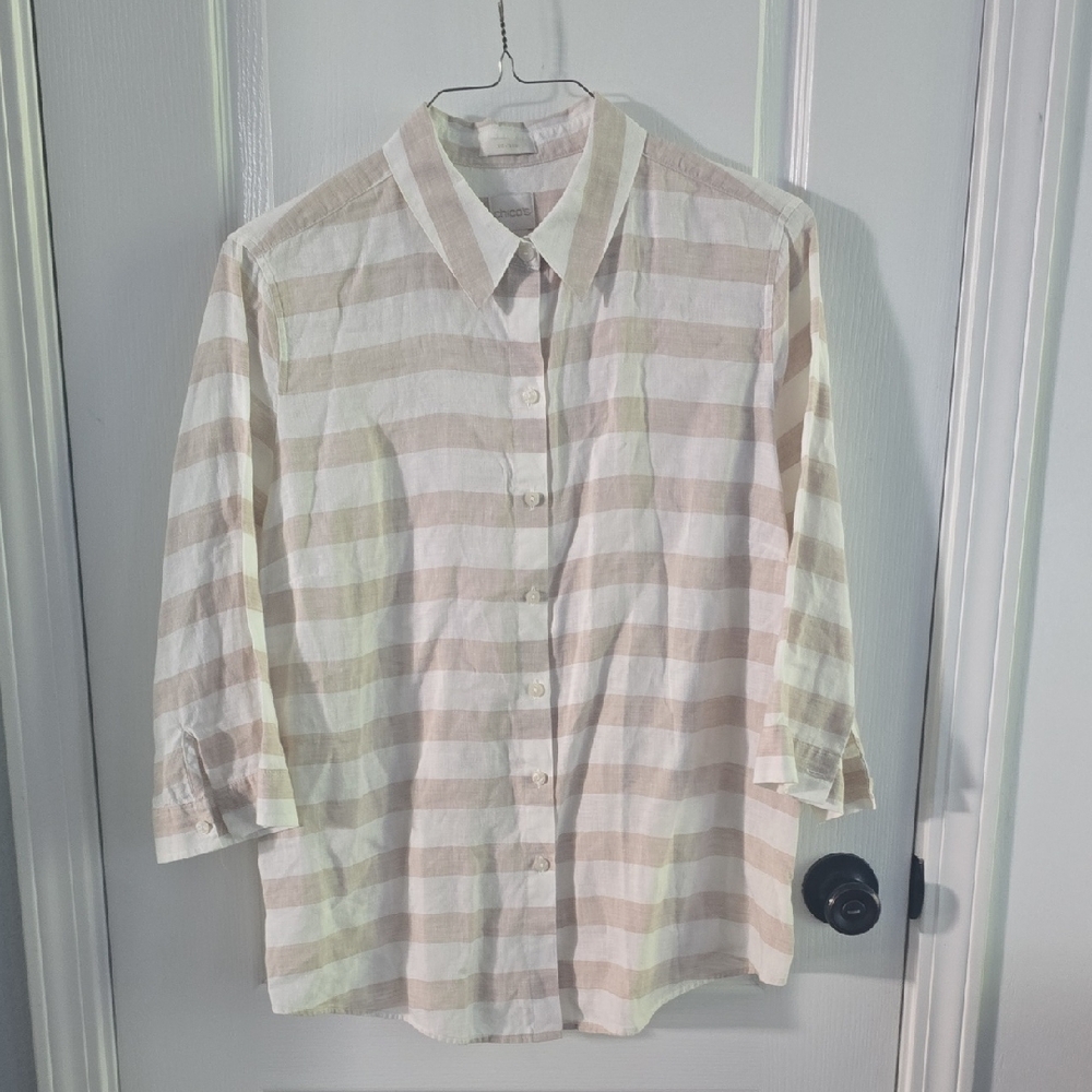 Chico's Cream and White Striped Button-Down Shirt